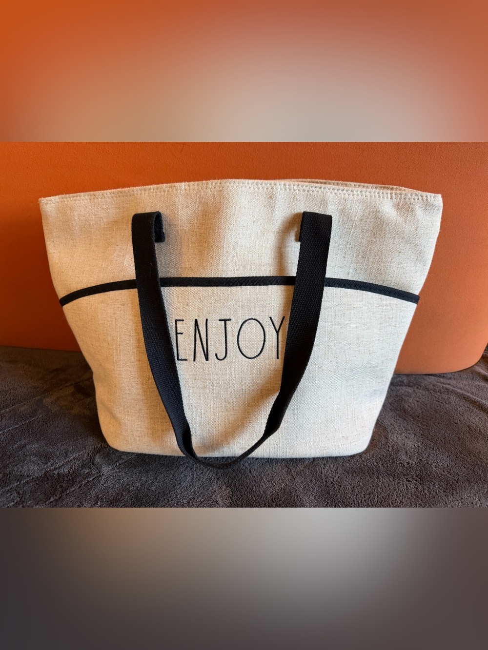 Rae Dunn insulated tote "ENJOY" beige linen with black handles and accents
